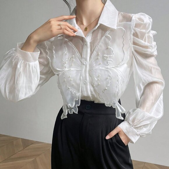 White Elegant Women's 3D Butterfly Decorated Puff Sleeve Blouse - Picture 6 of 8